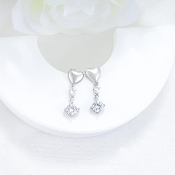 Sterling Silver Heart Dangle Earrings with Cubic Zirconia for Women, Lightweight - Picture 4 of 6
